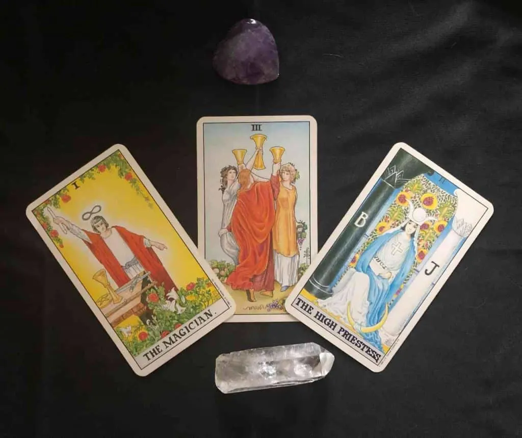 universal waite tarot cards, The Magician, Three of Cups & The High Prisetess