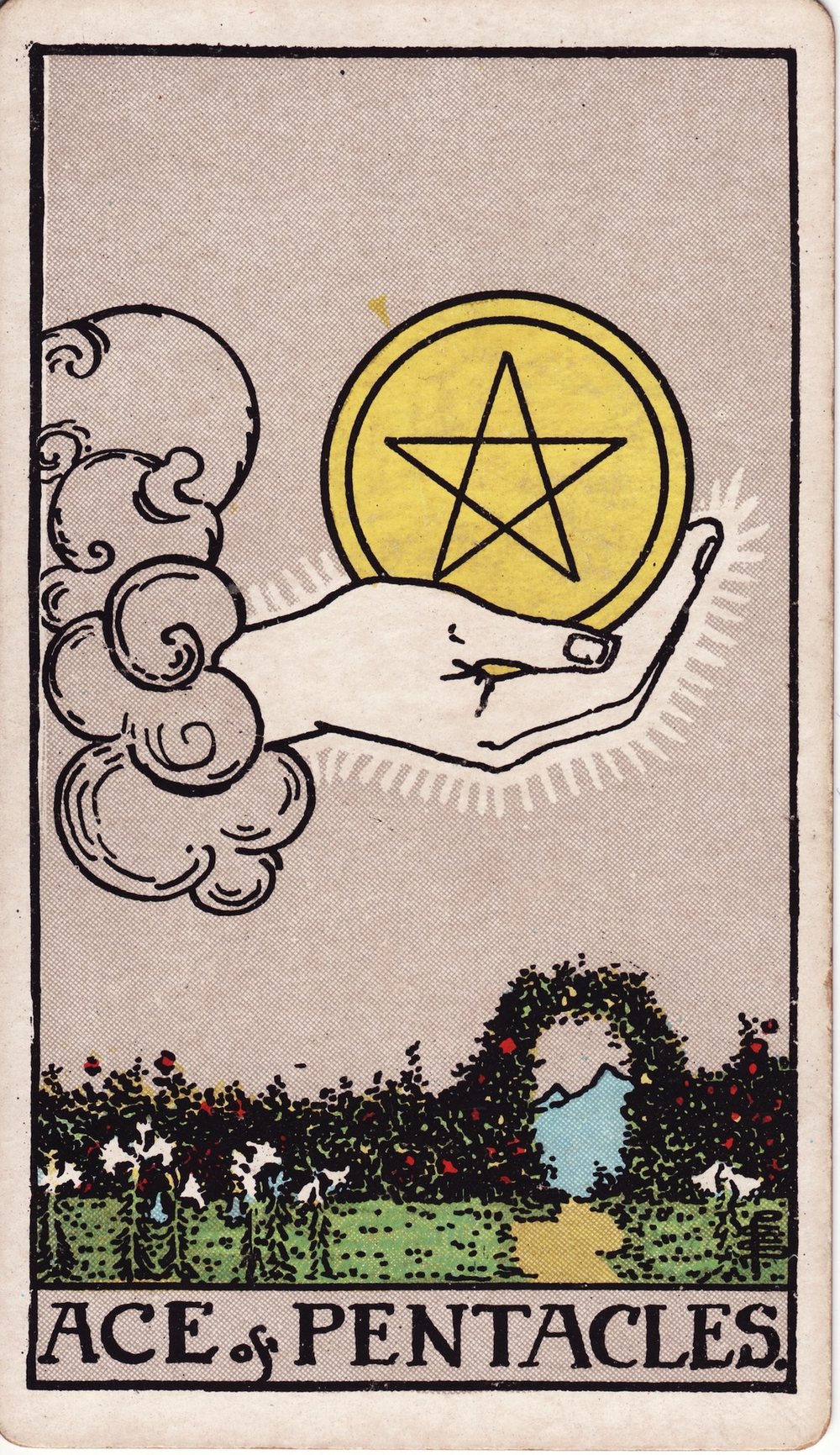 The Ace of Pentacles card in the Rider-Waite-Smith tarot deck