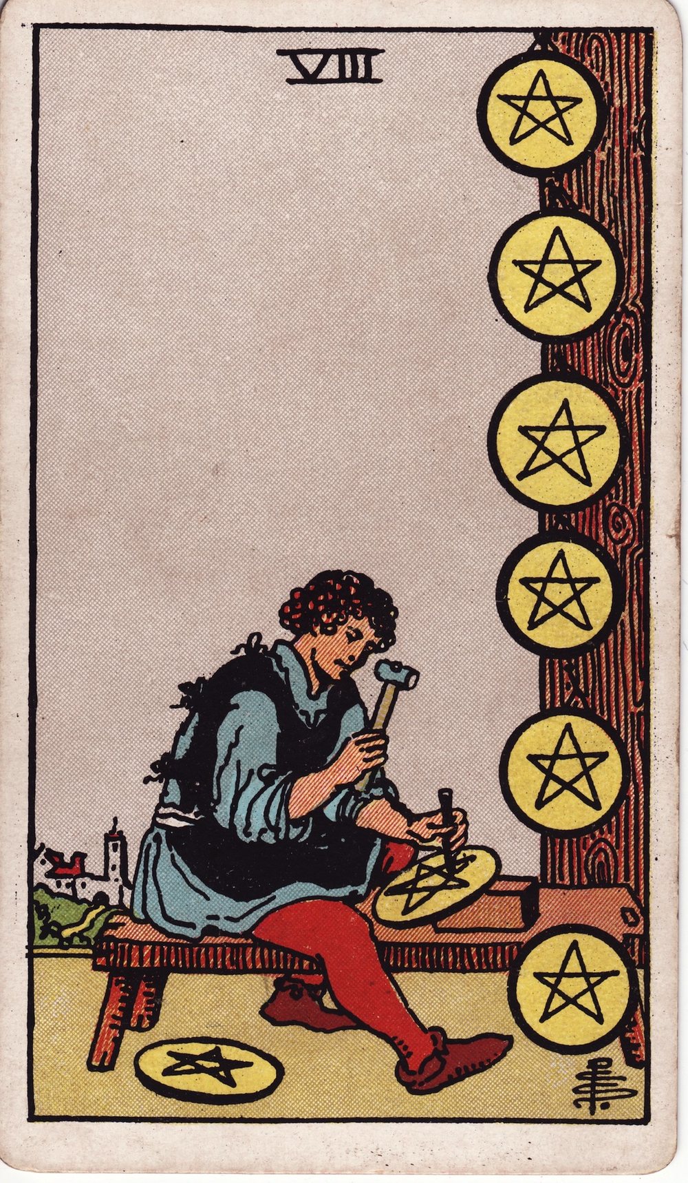 The Eight of Pentacles card in the Rider-Waite-Smith tarot deck