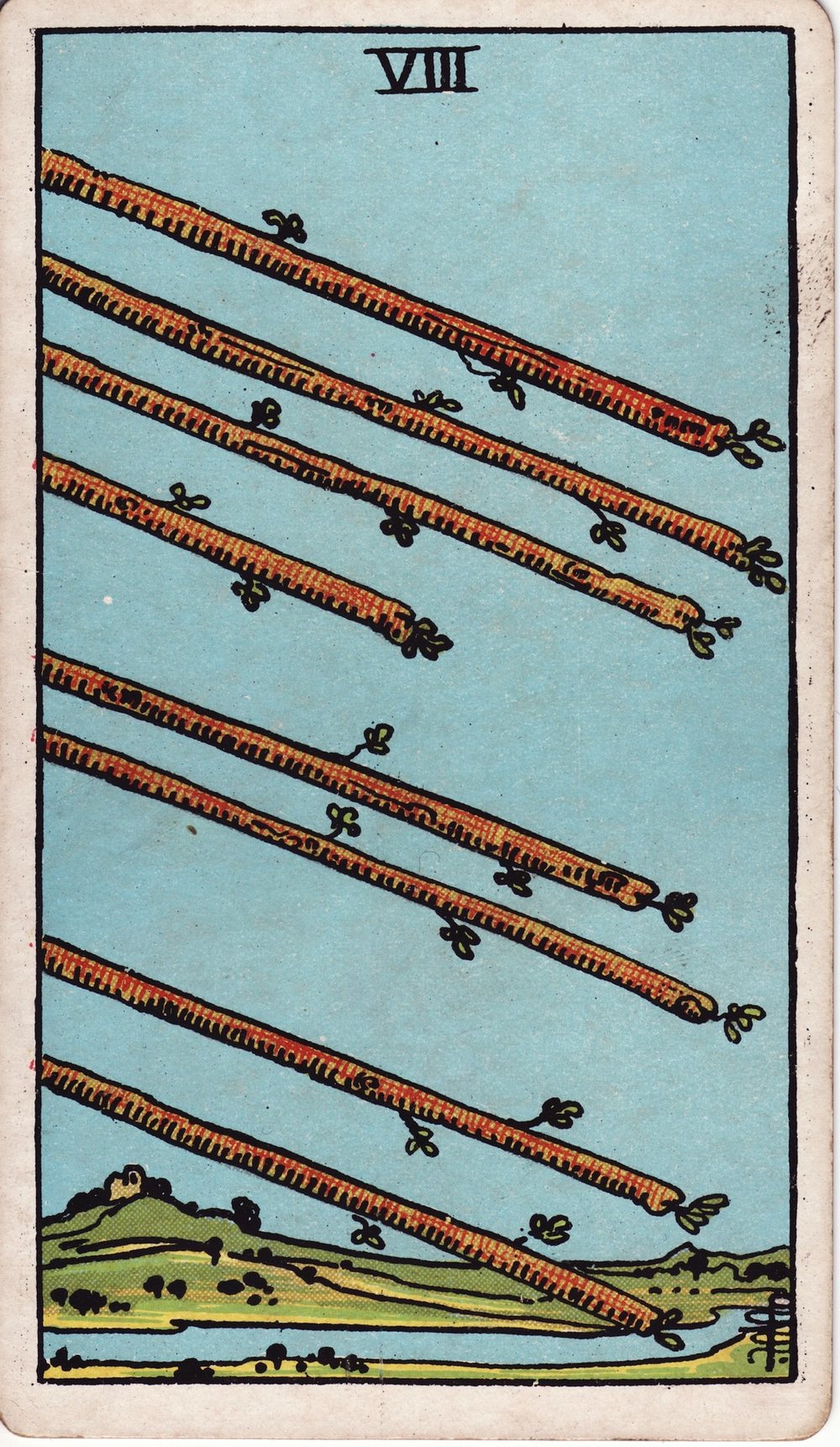 The Eight of Wands card in the Rider-Waite-Smith tarot deck