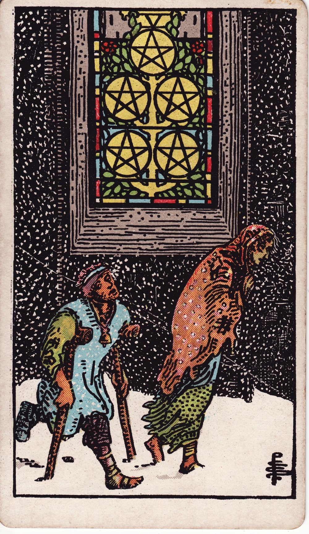 The Five of Pentacles card in the Rider-Waite-Smith tarot deck