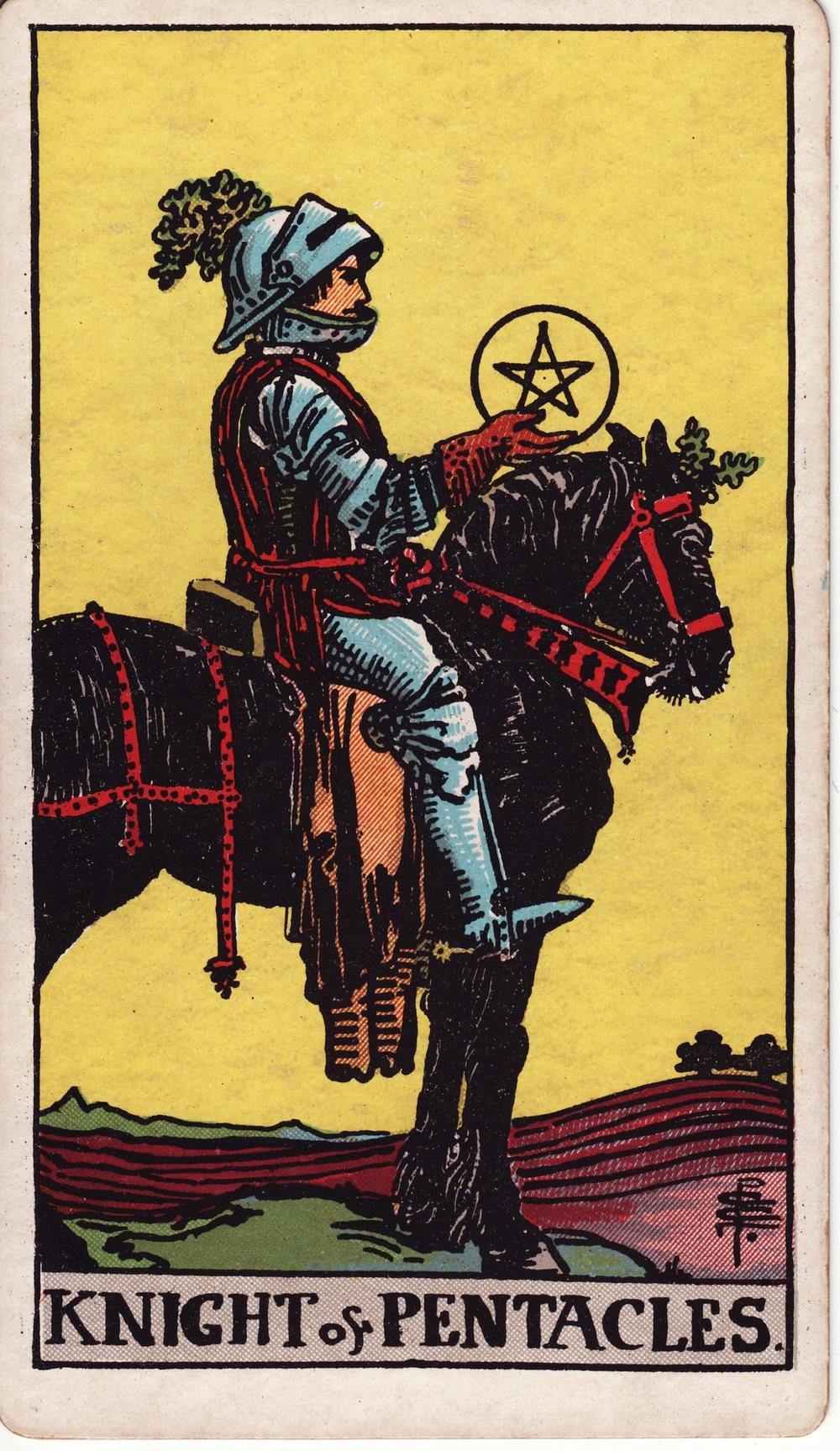 The Knight of Pentacles card in the Rider-Waite-Smith tarot deck