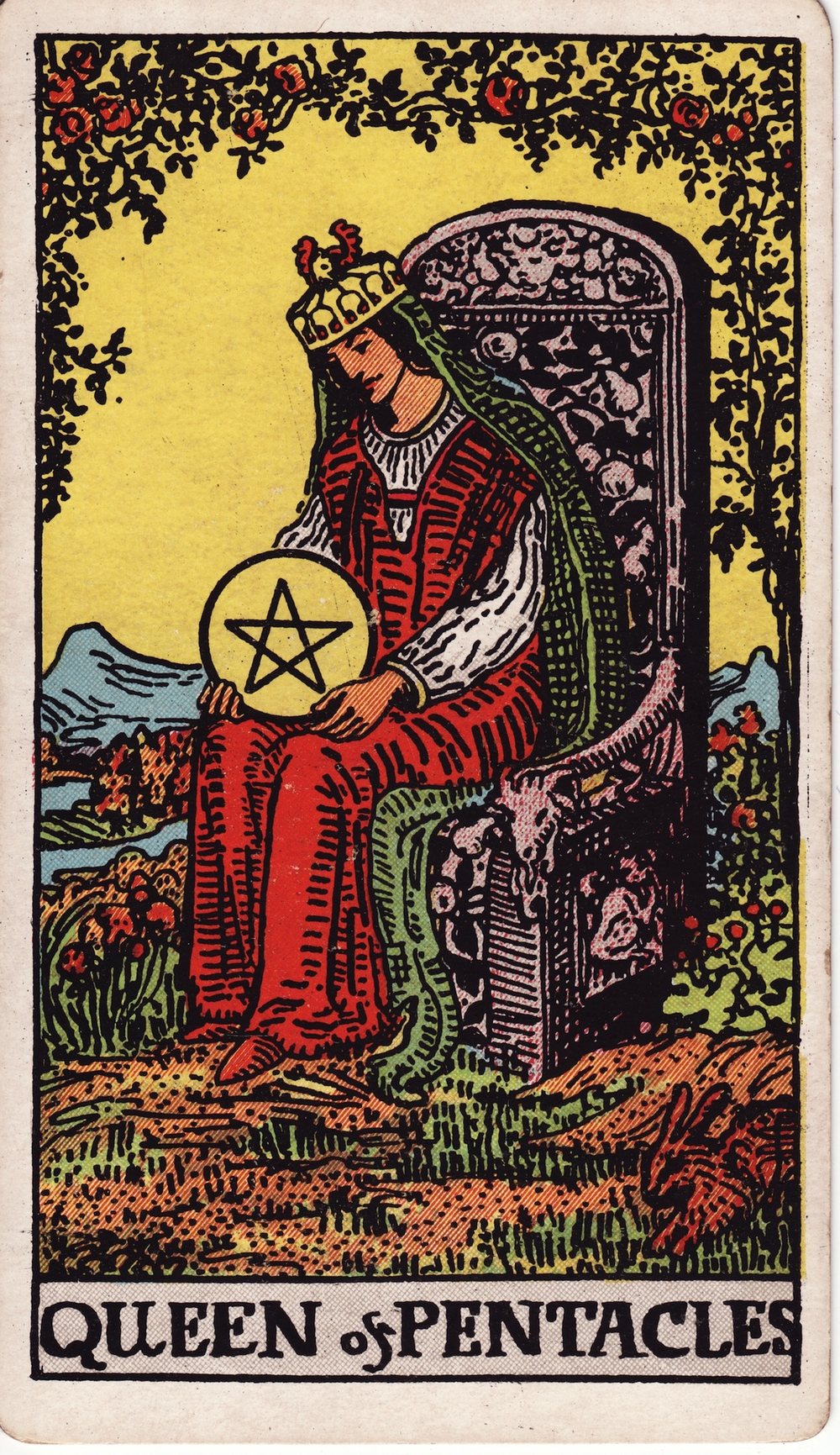 The Queen of Pentacles card in the Rider-Waite-Smith tarot deck