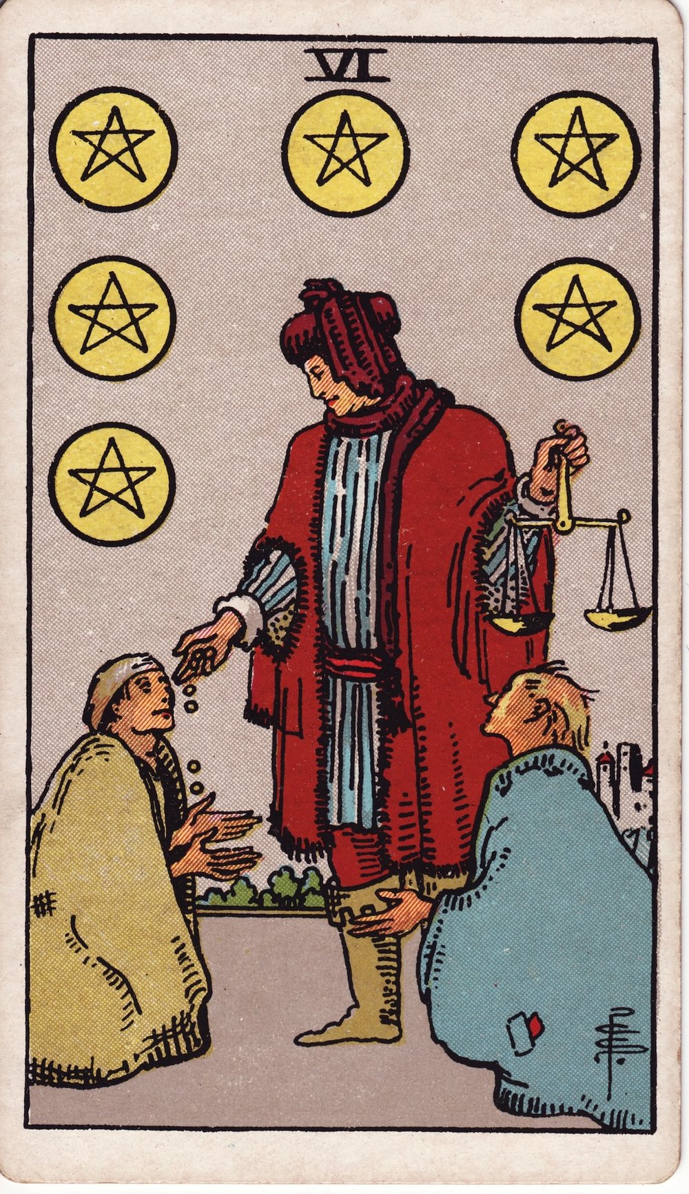 The Six of Pentacles card in the Rider-Waite-Smith tarot deck